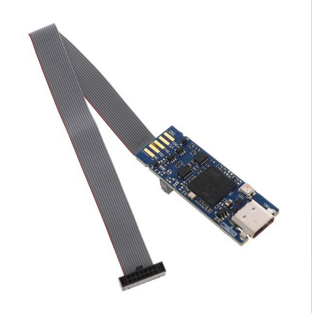 STLINK-V3MINIE is a portable version easy‑to‑use debugger and programmer including STDC14 interface with its flat cable and on‑board pads for board‑to‑board (BTB) card edge connector.